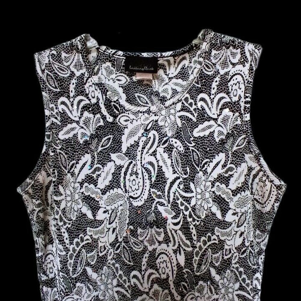 Womens Black White Floral Print Tank Top Ribbed Sequin Dressy Casual Shirt PL